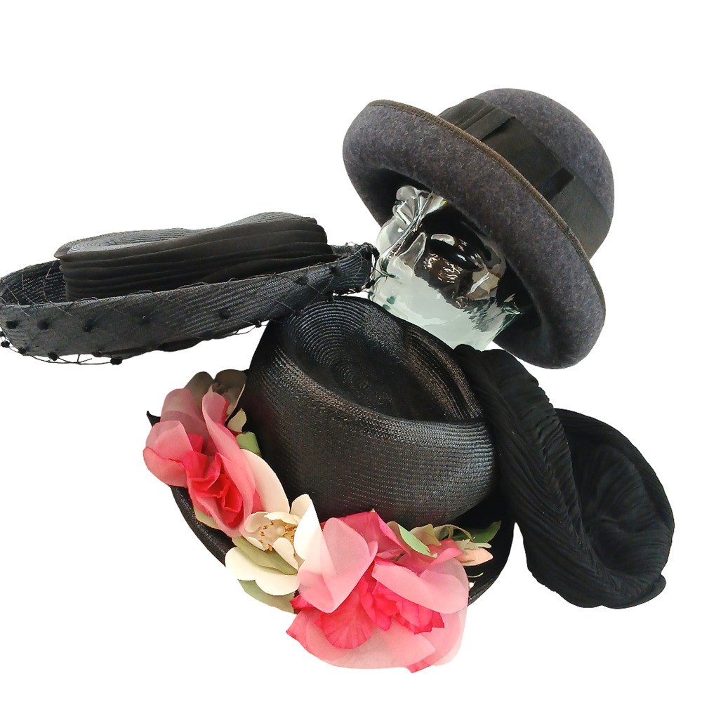 VTG Black Bowler Hat Lot of 4 Fascinator Floral Cloche Wedding Goth Formal Cap